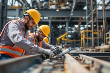 Construction workers collaborating on a steel structure