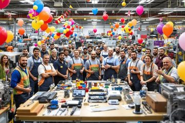 Workers celebrating in a modern manufacturing facility.